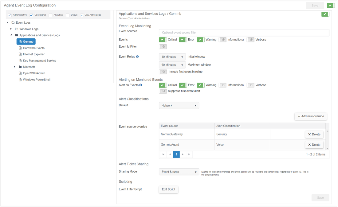 Agent event log monitoring configuration